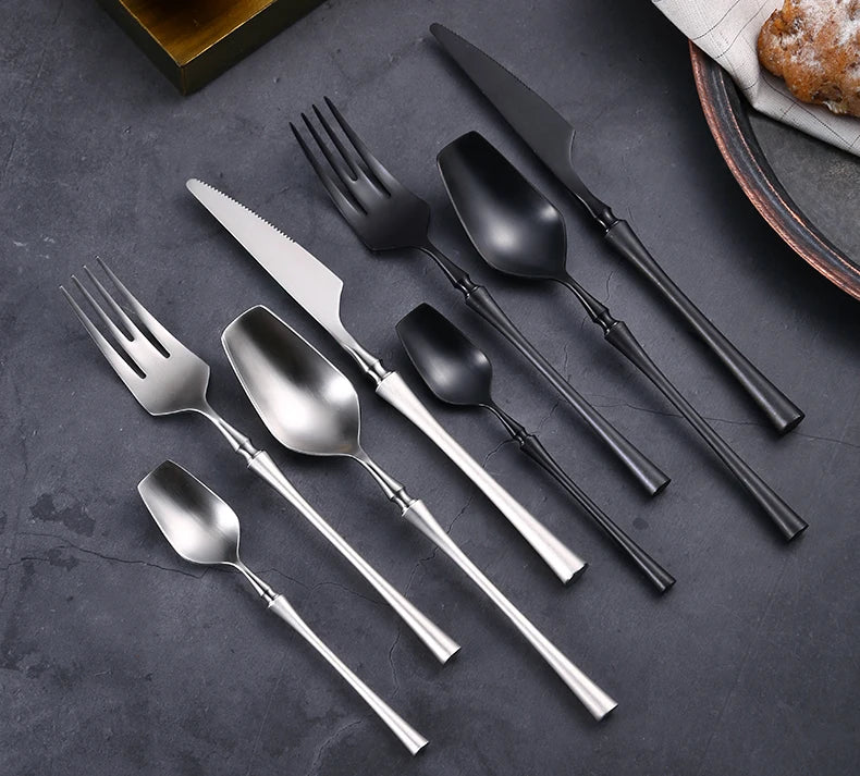 Mirror matte stainless steel black gold and silver dinnerware set with elegant plates and utensils from 𝕄𝕔 𝕋𝕙𝕖 𝔹𝕝𝕒𝕔𝕜 𝔻𝕚𝕒