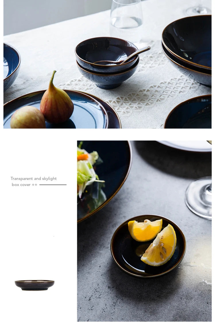 Deep blue ceramic dinnerware set by MC THE BLACK DIAMOND, includes plates and bowls, elegant and modern tableware for dining.