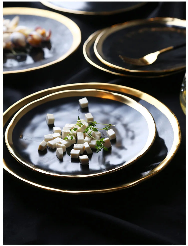 European style gold side black ceramic plate with matte finish, ideal for steak, dessert, or dinner presentation.