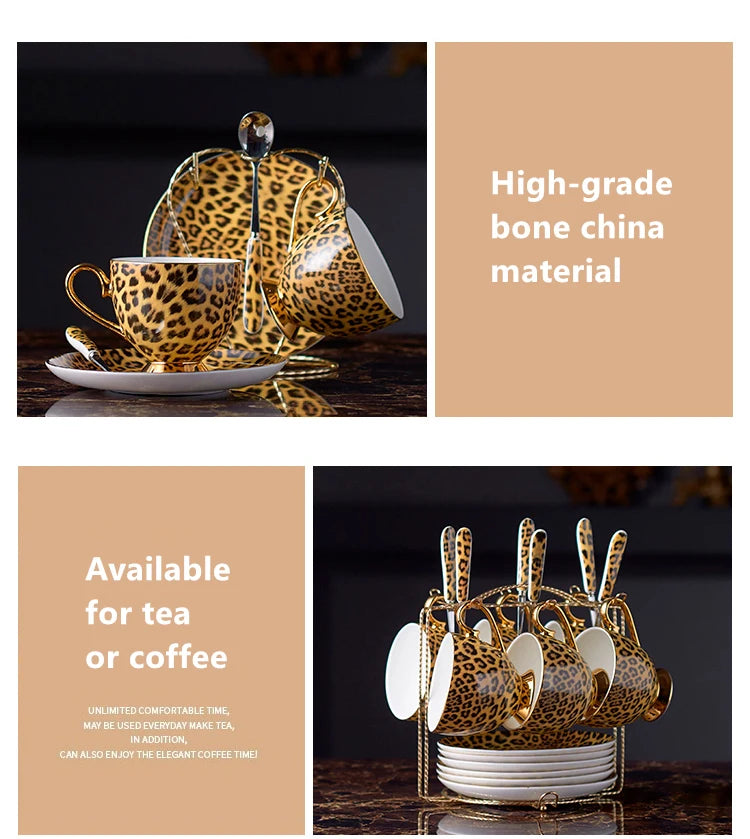 Leopard print Bone China coffee set with teapot, cups, sugar bowl, creamer, and mug from 𝕄𝕔 𝕋𝕙𝕖 𝔹𝕝𝕒𝕔𝕜 𝔻�