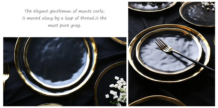 European style gold side black ceramic plate with matte finish, designed for steak, desserts, and dinner use, by 𝕄𝕔 𝕋𝕙𝕖 𝔹𝕝𝕒𝕔𝕜 𝔻�