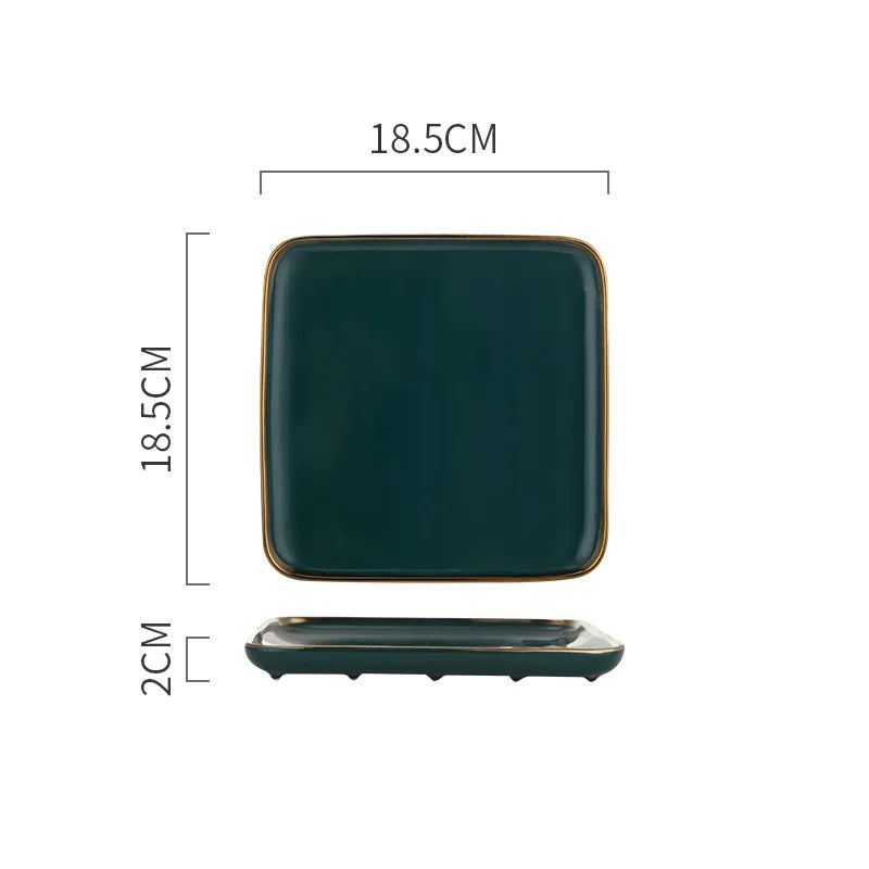 Green ceramic dinner set with gold inlay, featuring porcelain dessert plates, rice bowls, and salad, by 𝕄𝕔 𝕋𝕙𝕖 𝔹𝕝𝕒𝕔𝕜 𝔻�