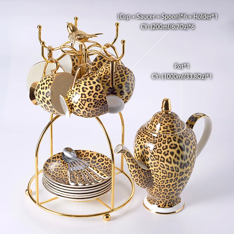 Leopard print bone china coffee set with teapot, cups, sugar bowl, and creamer from 𝕄𝕔 𝕋𝕙𝕖 𝔹𝕝𝕒𝕔𝕜 𝔻𝕚