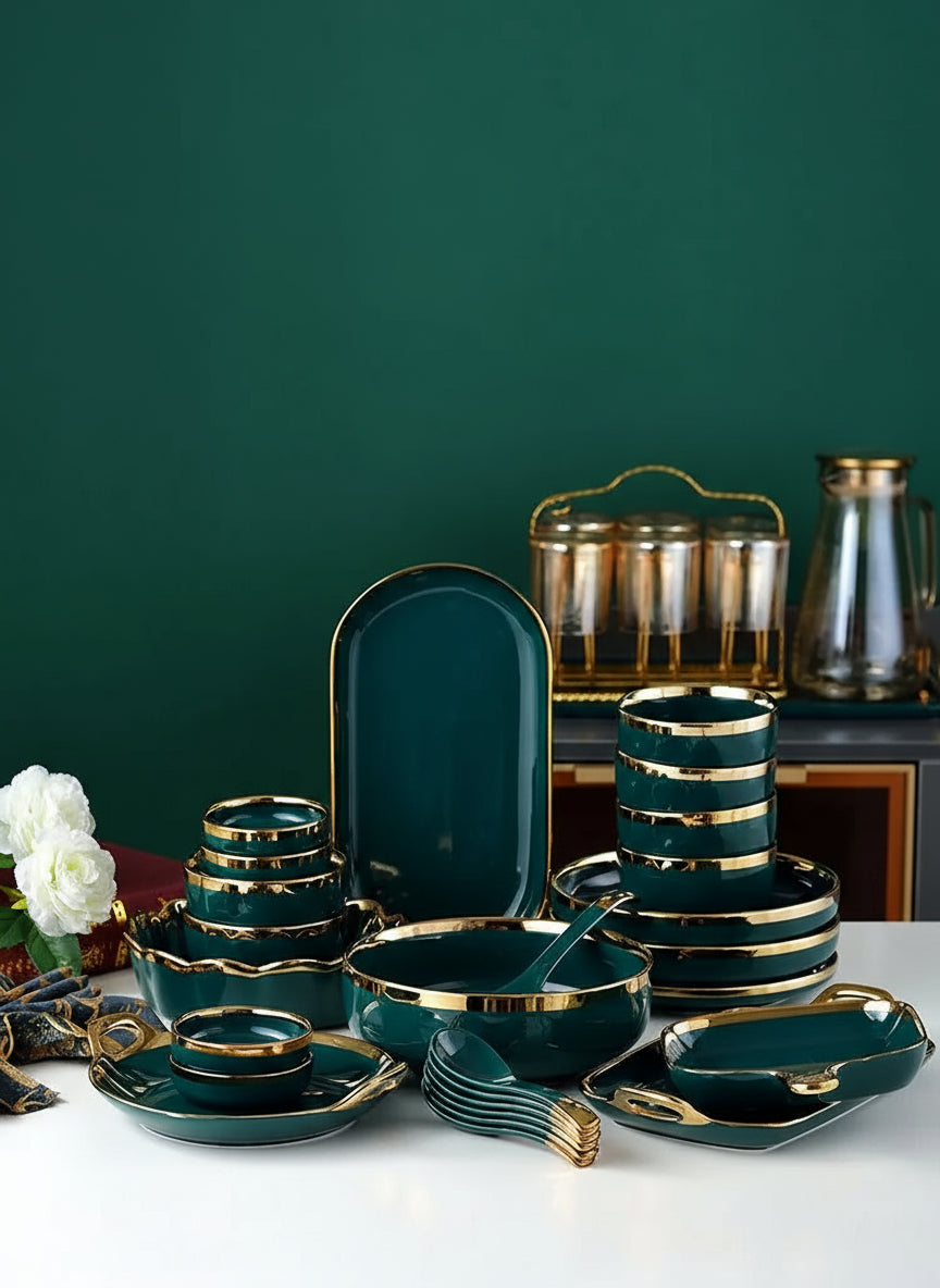 Luxury MC THE BLACK DIAMOND familial dinnerware set with elegant plates, bowls, and cups arranged on a table.