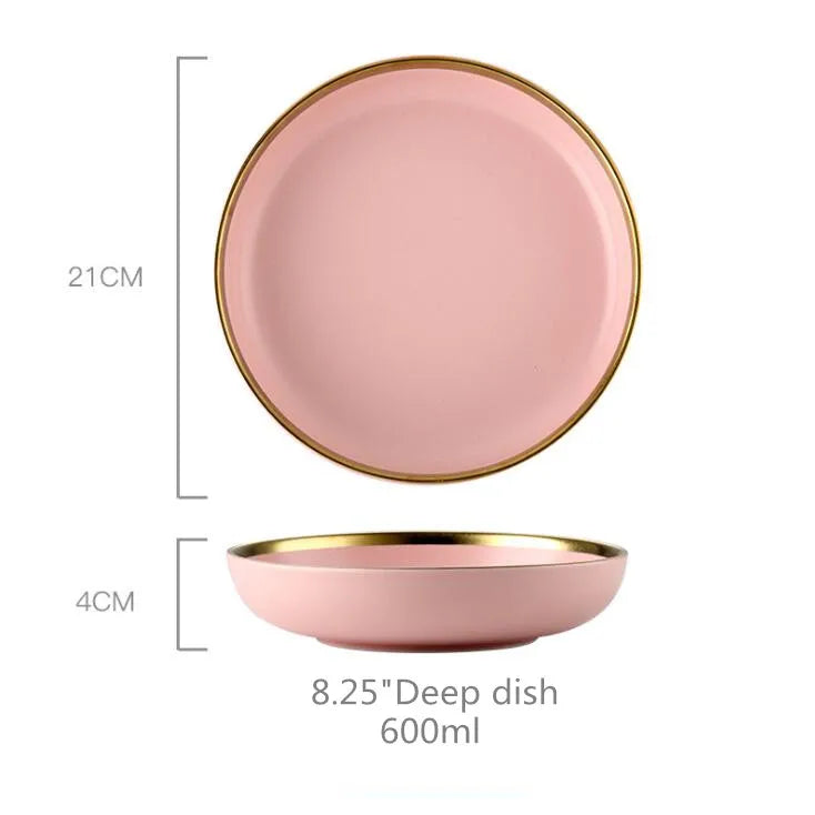 Family size dinnerware set in pink color by MC THE BLACK DIAMOND, includes plates, bowls, and cups for everyday dining.