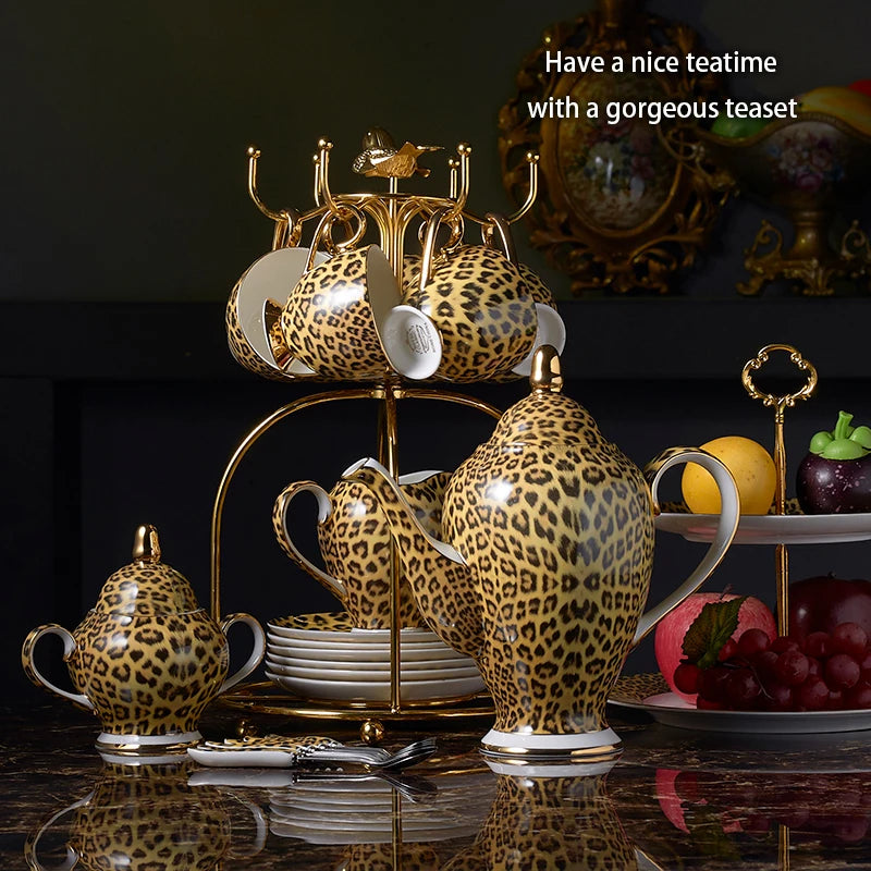 Leopard print bone china coffee set with teapot, cups, sugar bowl, and creamer from 𝕄𝕔 𝕋𝕙𝕖 𝔹𝕝𝕒𝕔𝕜 𝔻𝕚