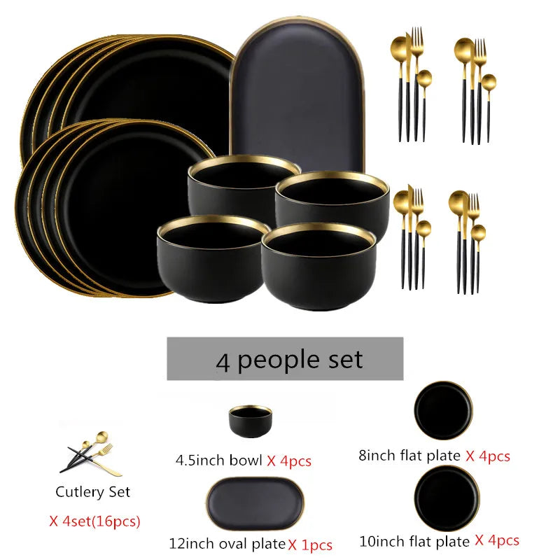 Black porcelain dinner plates set with cutlery, includes rice, salad, and noodle bowls, by 𝕄𝕮 𝕋𝕙𝕖 𝔹𝕝𝕒𝕔𝕜 𝔻𝕚�