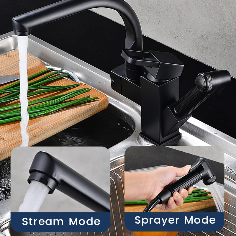 Chrome silver kitchen sink faucet with hot and cold water spring spout, MC THE BLACK DIAMOND kitchen faucet.