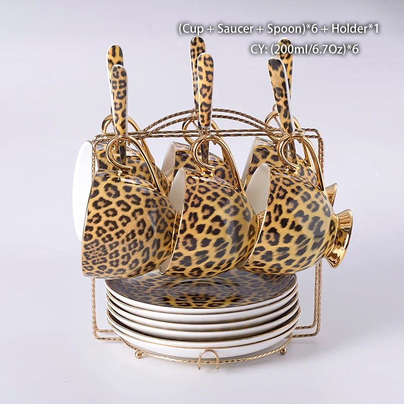 Leopard print bone china coffee set with teapot, cups, sugar bowl, and creamer by 𝕄𝕔 𝕋𝕙𝕖 𝔹𝕝𝕒𝕔𝕜 𝔻𝕚