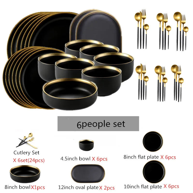 Set of black porcelain dinner plates with matching cutlery from 𝕄𝕮 𝕋𝕙𝕖 𝔹𝕝𝕒𝕔𝕜 𝔻𝕚𝕒𝕞𝕠