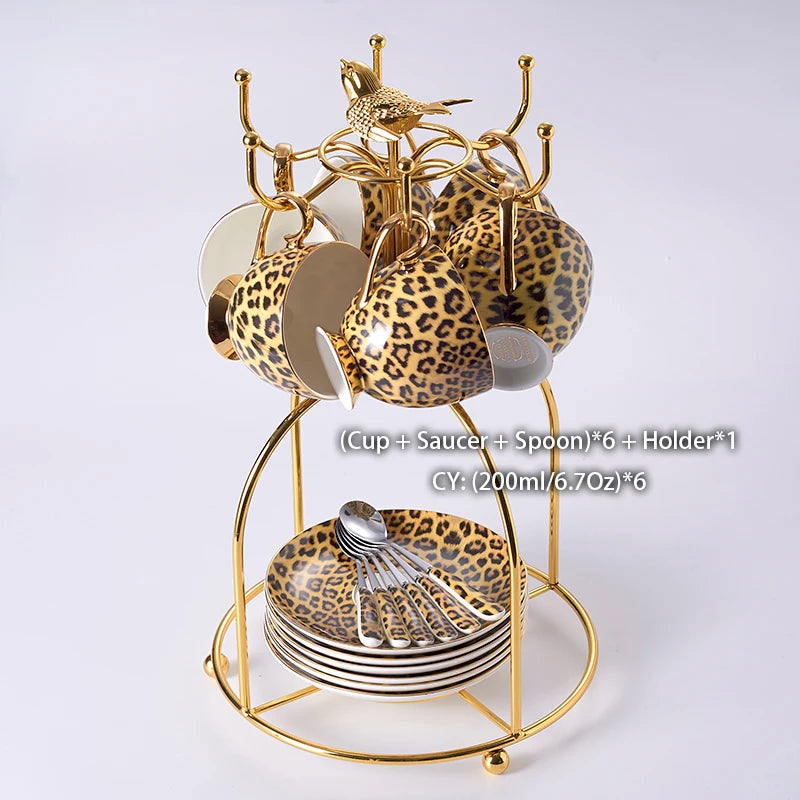 Leopard print bone china coffee set with teapot, cups, sugar bowl, creamer, and mugs from 𝕄𝕔 𝕋𝕙𝕖 𝔹𝕝𝕒𝕔𝕜 𝔻�