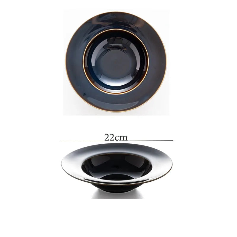Deep blue ceramic dinnerware set by MC The Black Diamond, includes plates, bowls, and cups for elegant table setting