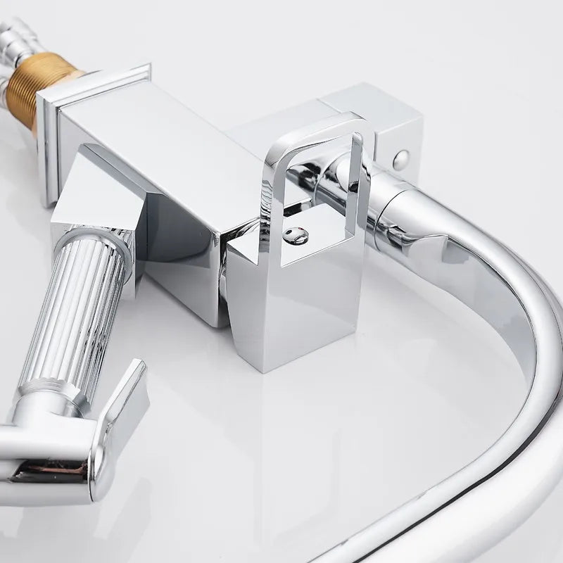 Chrome silver kitchen sink faucet with hot and cold spring spout, designed for durability and easy use by MC THE BLACK DIAMOND.
