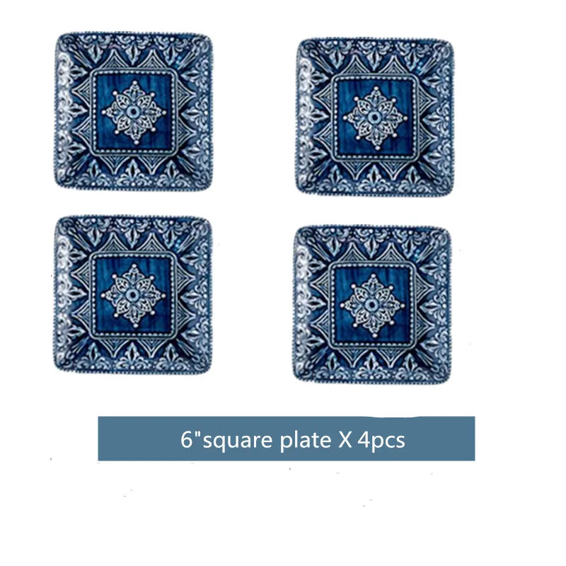 Blue retro relief ceramic dinnerware set by MC THE BLACK DIAMOND, featuring multiple dishes with vintage-inspired relief pattern.
