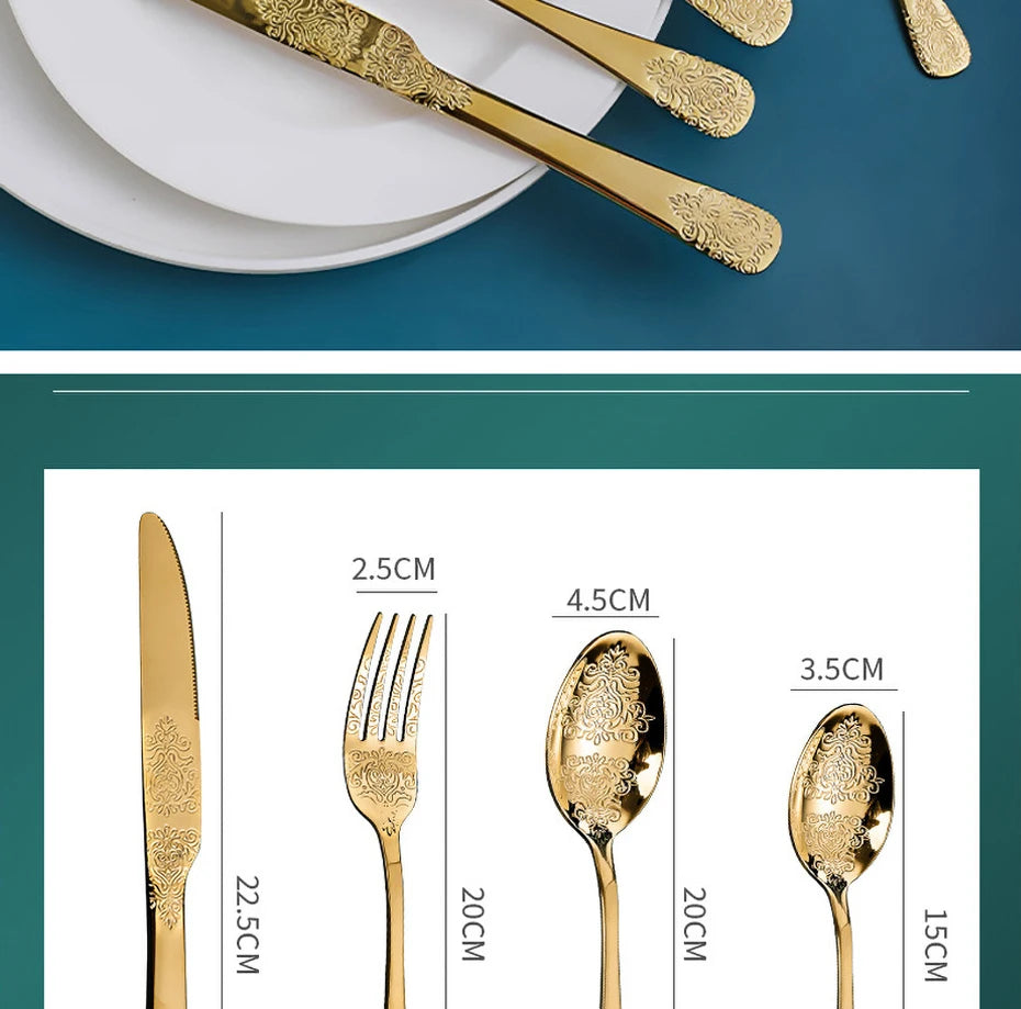 Stainless steel gold flatware set with forks, knives, and spoons from MC THE BLACK DIAMOND, showcasing elegant silverware for dining.