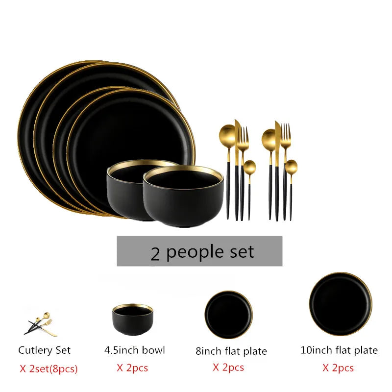 Set of black porcelain dinner plates with cutlery, including rice, salad, and noodle dishes, from 𝕄𝕔 𝕋𝕙𝕖 𝔹𝕝𝕒𝕔𝕜 𝔻𝕚