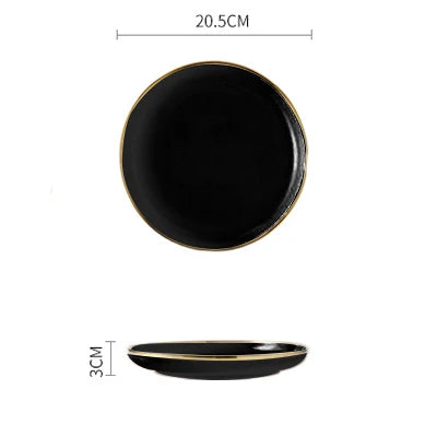 Pink black and gold inlay ceramic dinnerware set by MC THE BLACK DIAMOND, featuring plates and bowls with elegant design.