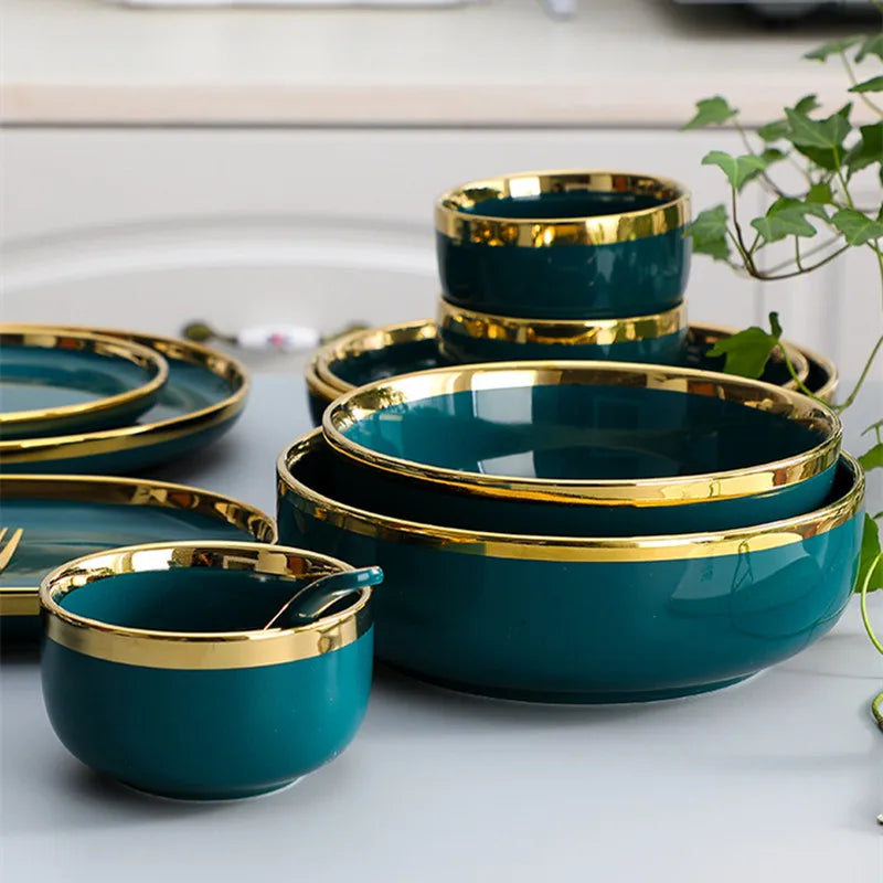 Green dinnerware set with gold inlay, high-quality full dinner set by MC THE BLACK DIAMOND, includes plates and bowls.