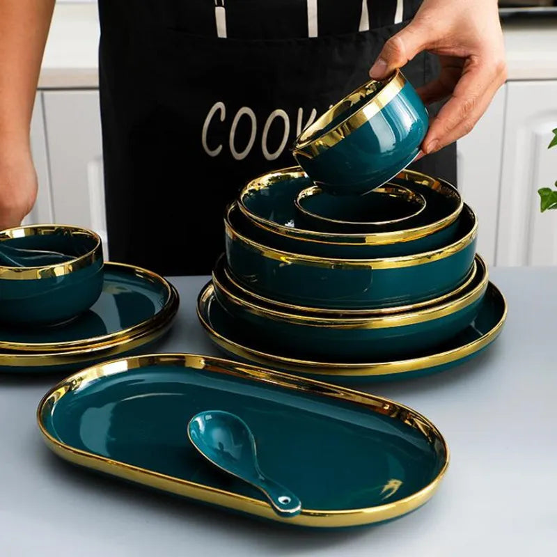 Green dinnerware set with gold inlay, full MC THE BLACK DIAMOND dinnerware set for elegant dining, includes plates and bowls.