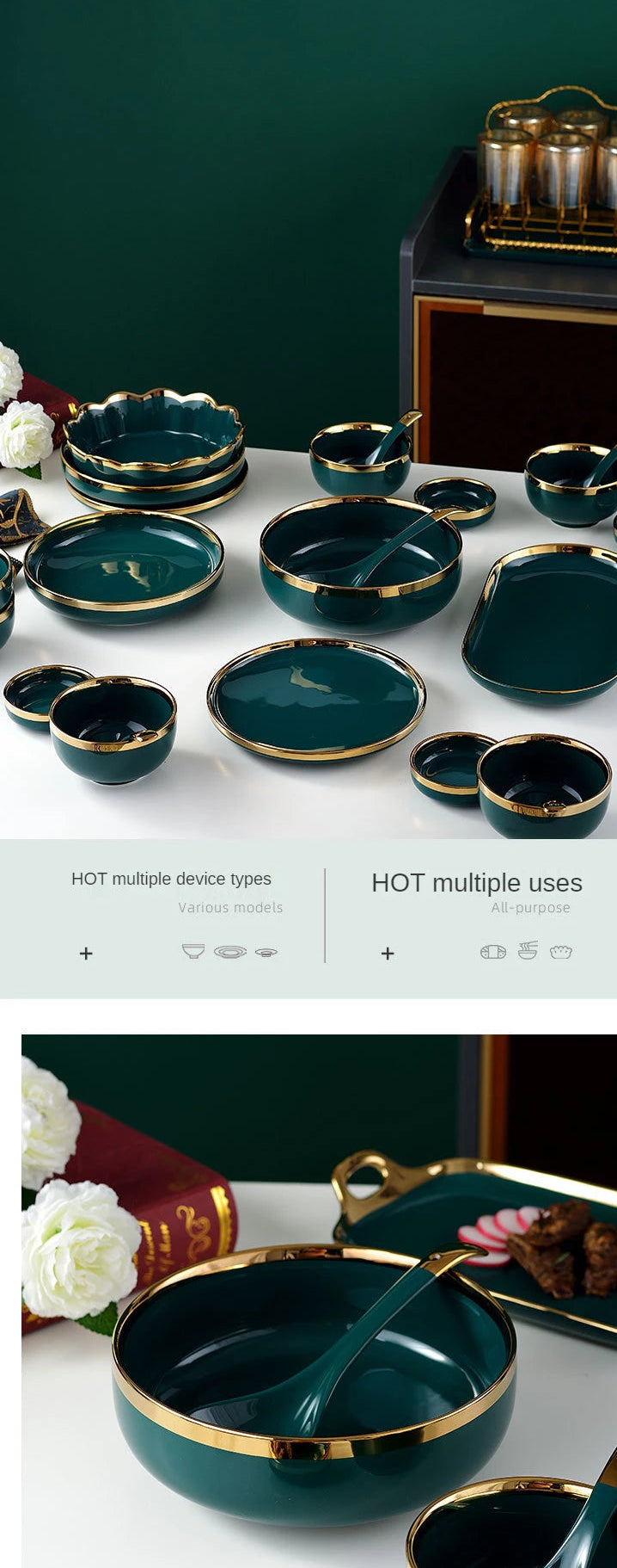 Luxury MC THE BLACK DIAMOND familial dinnerware set with elegant plates and bowls arranged on a table.