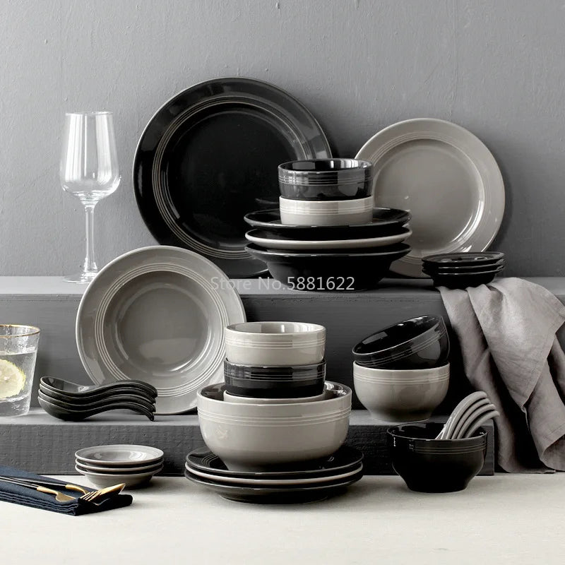 Nordic black and gray ceramic tableware set including rice bowls, soup bowls, and plates from 𝕄𝕔 𝕋𝕙𝕖 𝔹𝕝𝕒𝕔𝕜 𝔻𝕚�