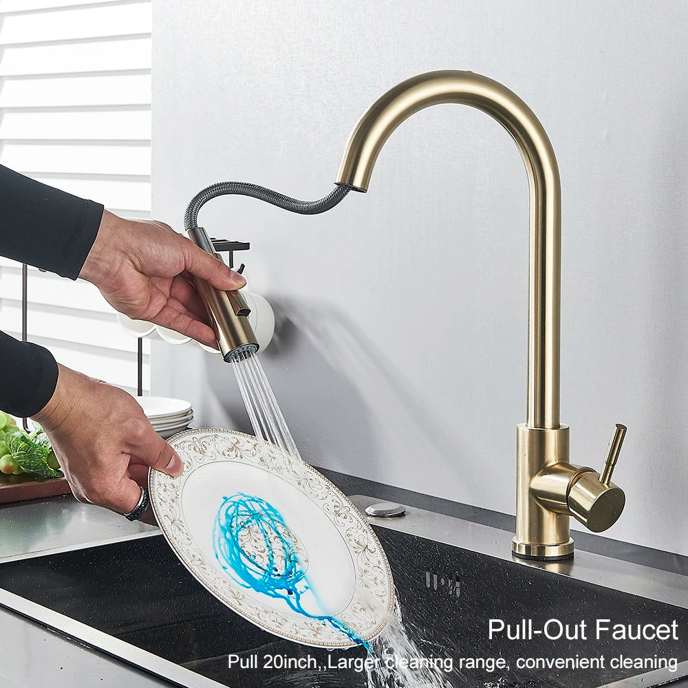 Touch-control kitchen faucet by MC THE BLACK DIAMOND with modern design and sleek finish, featuring a single-handle and touch-sensitive controls.