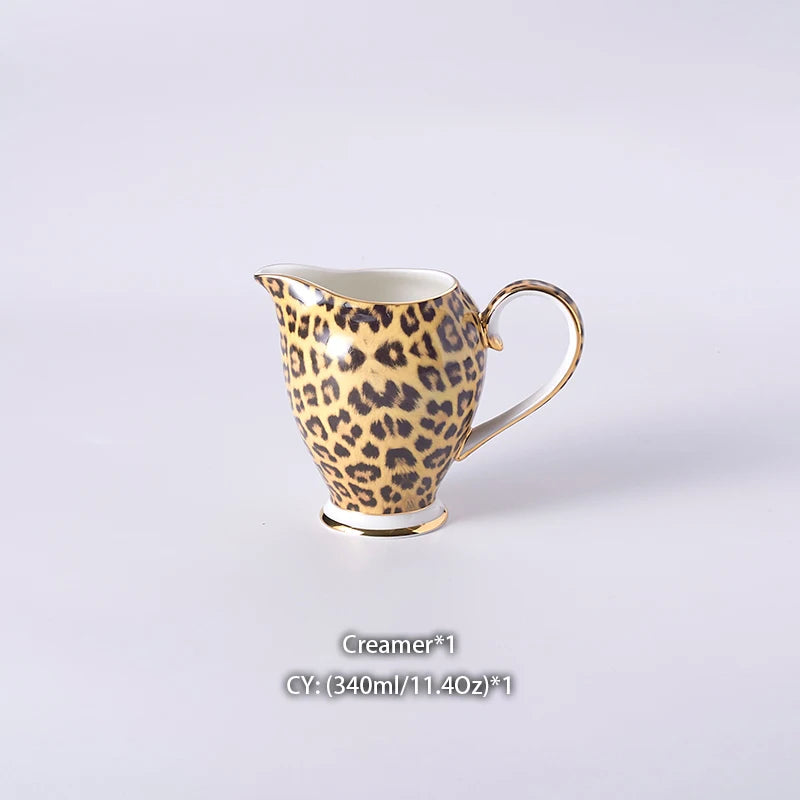 Leopard print bone china coffee set with teapot, cups, mugs, sugar bowl, and creamer from 𝕄𝕔 𝕋𝕙𝕖 𝔹𝕝𝕒𝕔𝕜 𝔻�