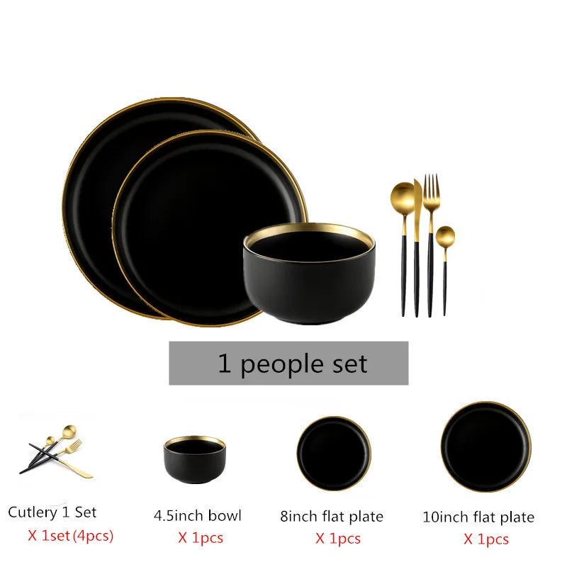Set of black porcelain dinner plates and bowls with cutlery, featuring ceramic rice, salad, and noodle dishes for elegant tableware.