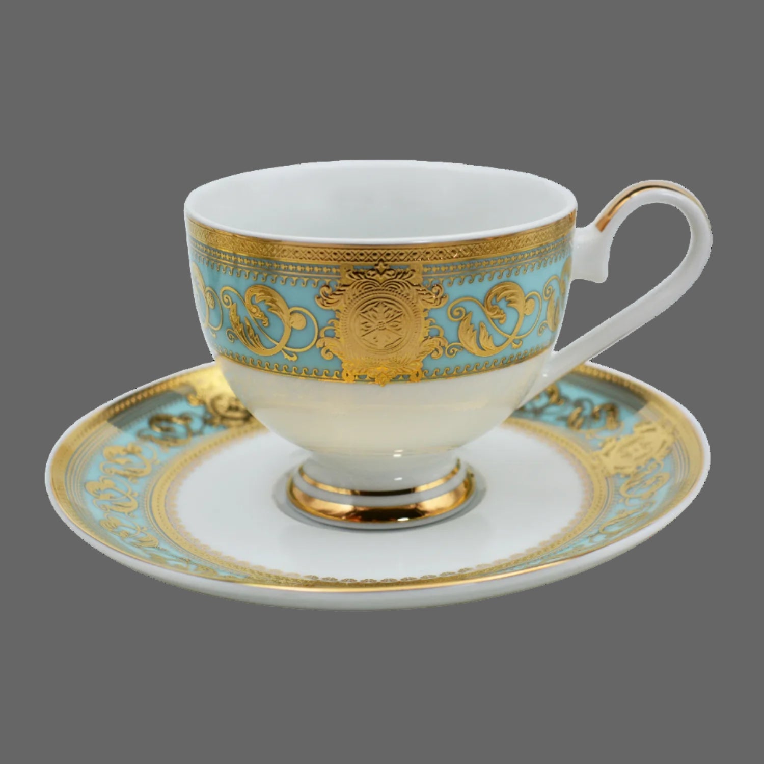 Embossed gold porcelain dinnerware set by MC THE BLACK DIAMOND featuring elegant plates and bowls with intricate gold detailing.