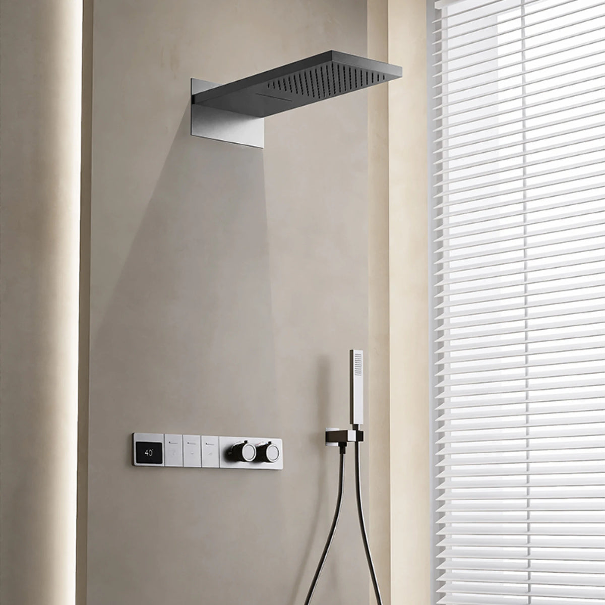 Wall-mounted MC THE BLACK DIAMOND shower system with hidden design and dual control hot and cold water faucet.