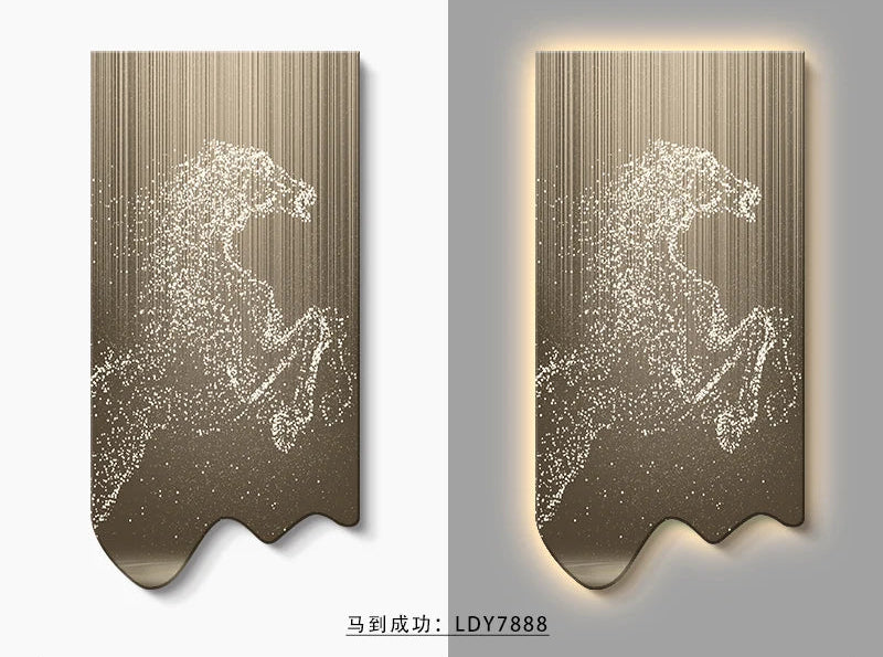 Modern art wall decor poster featuring a luminous horse painting by MC THE BLACK DIAMOND, ideal for luxury living room or corridor.