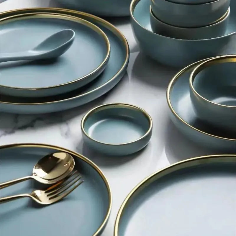 Matte ceramic dinnerware set with cereal bowls, dessert plates, and steak plates from 𝕄𝕔 𝕋𝕙𝕖 𝔹𝕝𝕒𝕔𝕜 𝔻𝕚𝕒