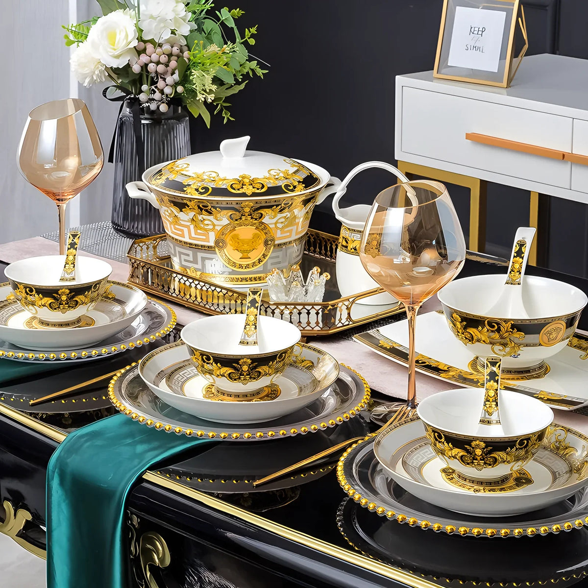 Ceramic dinnerware set by MC THE BLACK DIAMOND, includes plates, bowls, and cups with a sleek, modern design.