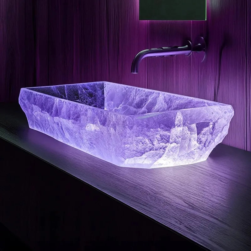 Custom crystal stone wash basin vessel sink by MC THE BLACK DIAMOND, suitable for office, model room, or bathroom decor.