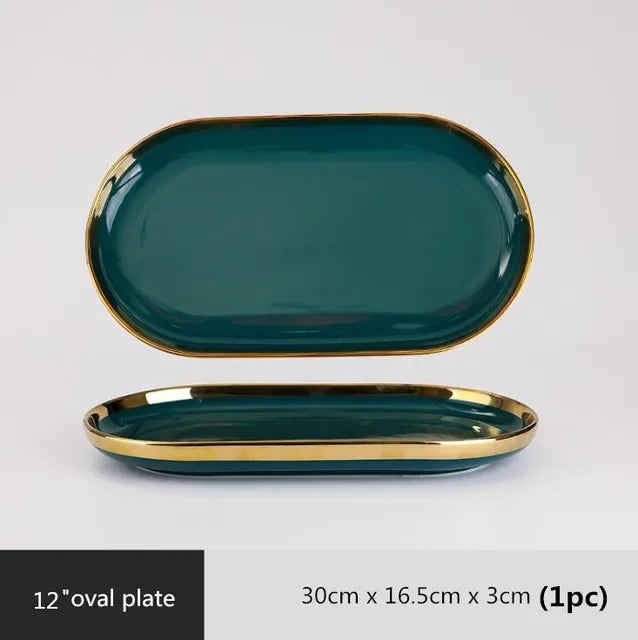 Green ceramic dinnerware set by MC THE BLACK DIAMOND, featuring matching plates and bowls for family dining.
