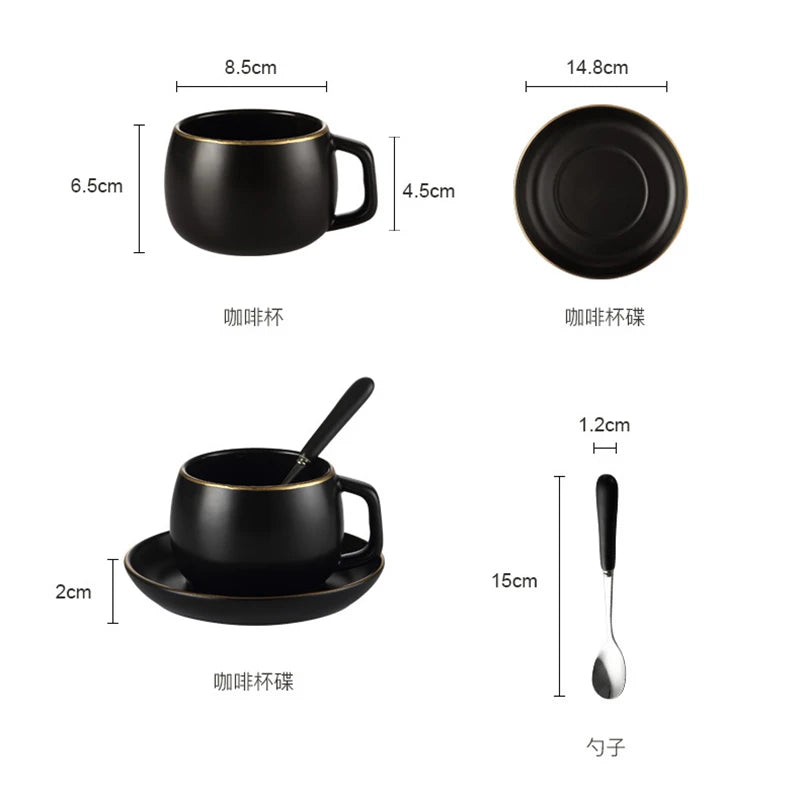 Creative matte black ceramic coffee cup with gold border and matching saucer, modern design for cafe or home use.