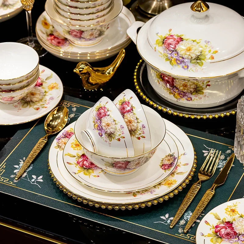 Family size luxury dinnerware set by MC THE BLACK DIAMOND, elegant dinnerware with plates, bowls, and utensils for special occasions