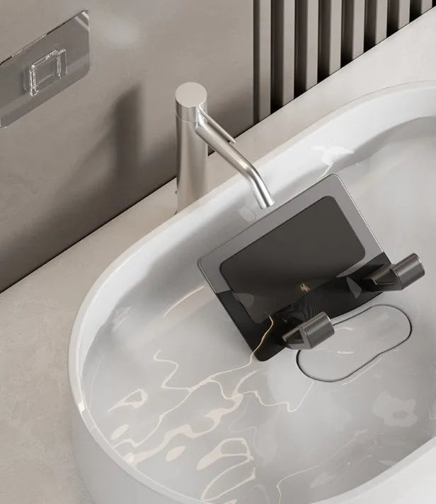 MC THE BLACK DIAMOND hair dryer hanger with suction cup rack, versatile storage shelf for organizing bathroom or vanity space.