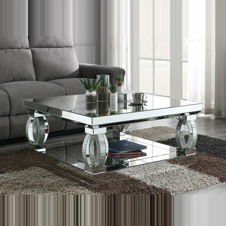 Unique crystal design coffee side mirrored center table from MC THE BLACK DIAMOND, showcasing reflective glass and elegant home decor style.