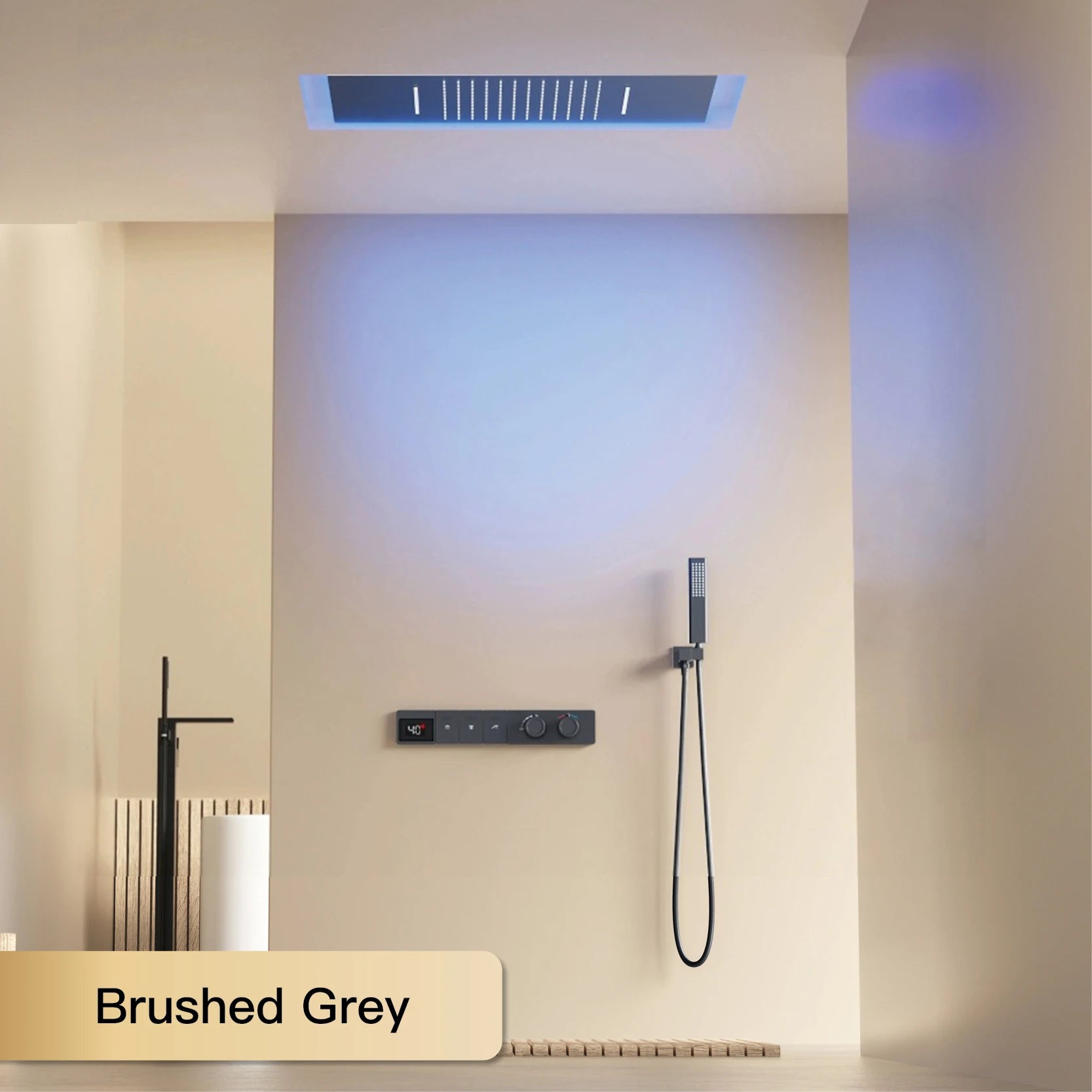 Wall-mounted MC THE BLACK DIAMOND shower system with hidden design and dual control hot and cold water faucet.