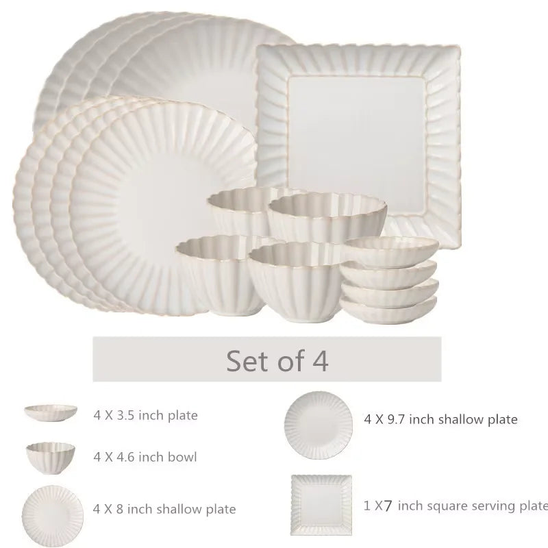 White chrysanthemum-shaped ceramic dinnerware set by MC THE BLACK DIAMOND, featuring elegant plates and bowls for stylish dining.
