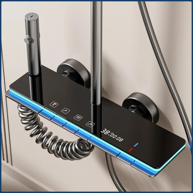 Digital bathroom shower faucet set with temperature display and rainfall shower head, by MC THE BLACK DIAMOND.