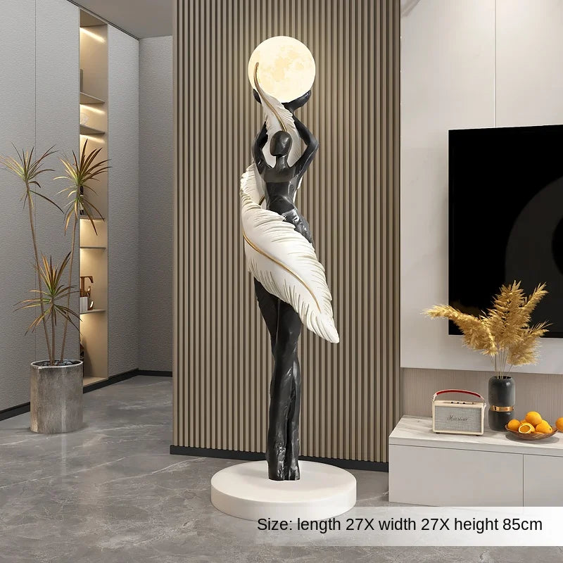 Modern HomeDecor abstract feather girl sculpture by MC The Black Diamond, large resin figure statue for living room floor decor.