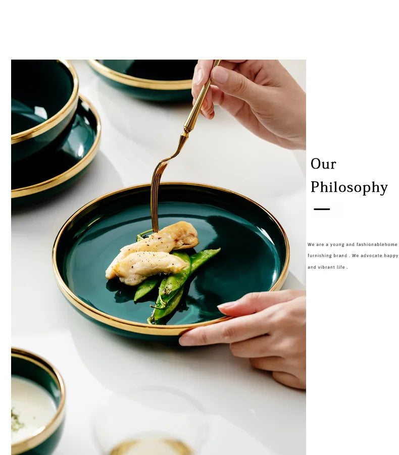 Creative dark green ceramic rice bowls set with gold-plated accents, featuring porcelain plates and kitchen utensils by 𝕄𝕮 𝕋𝕙𝕖 𝔹𝕝𝕒𝕔𝕜 𝔻𝕚