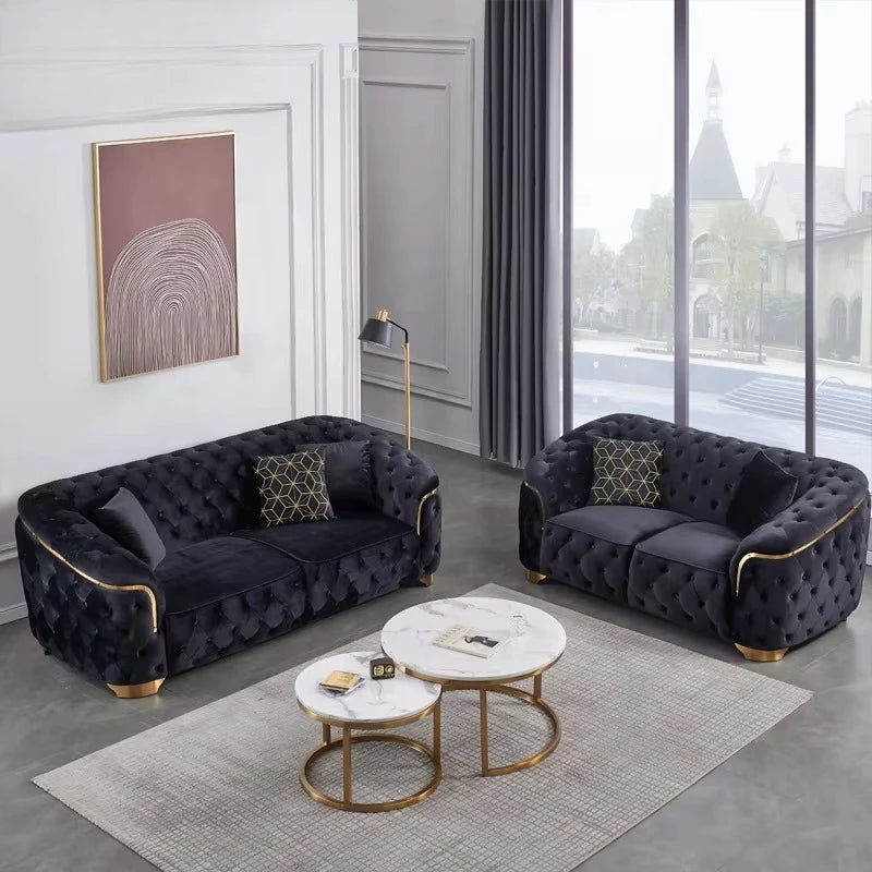Modern luxury velvet Chesterfield lounge sofa set with gold base and wooden legs, perfect for villa living room decor.