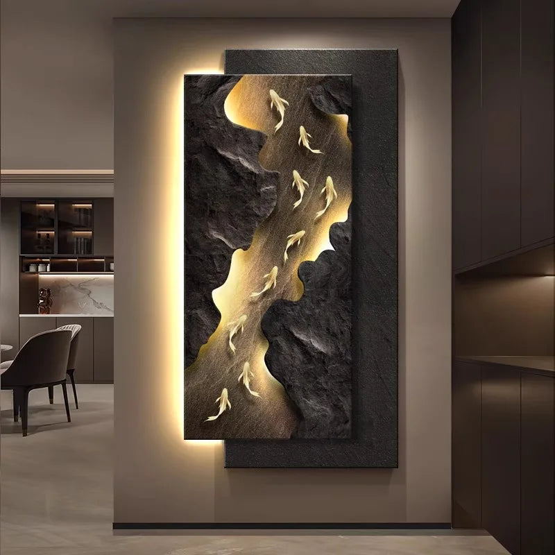 Decorative wall light fixture featuring a koi fish painting by MC THE BLACK DIAMOND, hanging for wall decor.