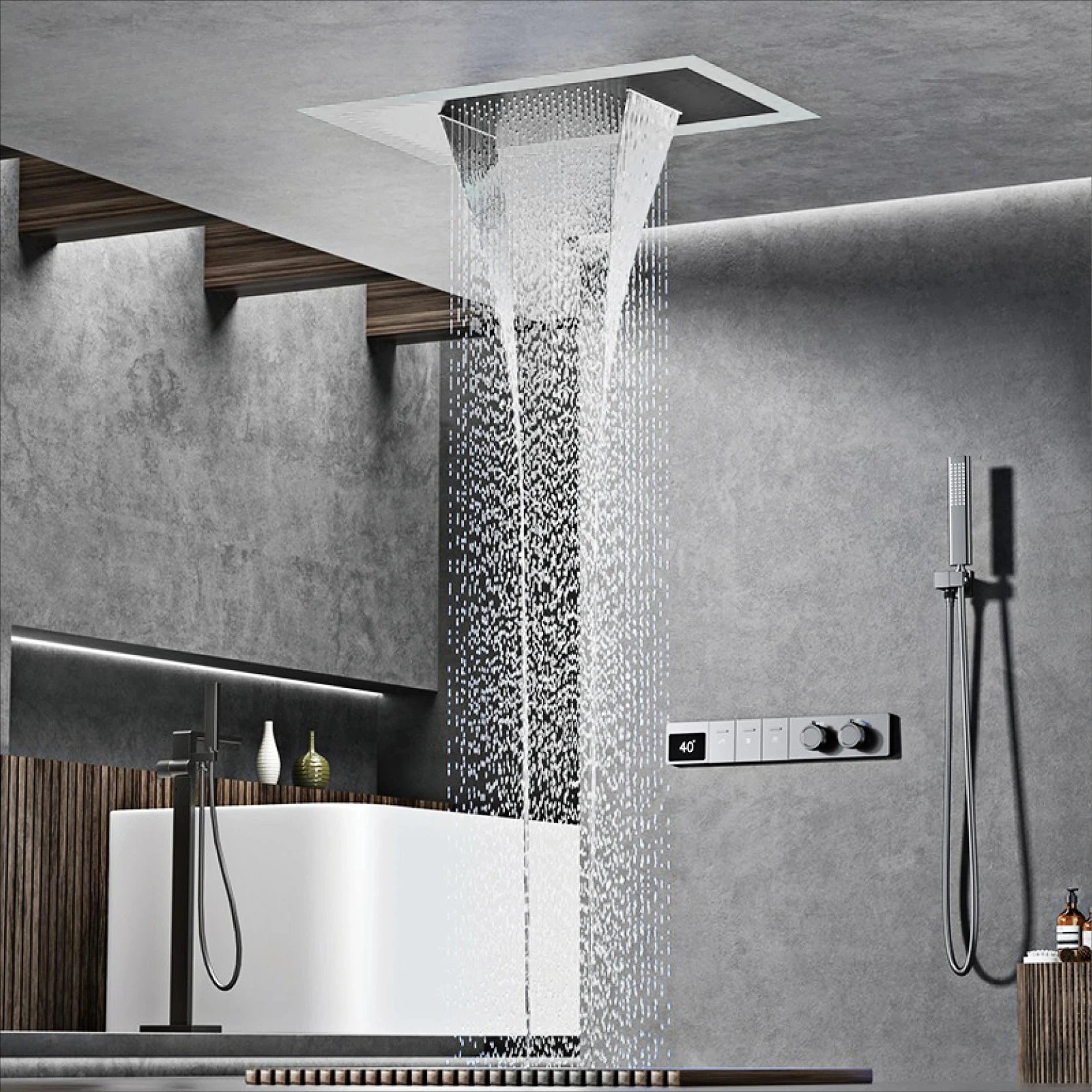 MC THE BLACK DIAMOND LED digital display hot and cold water bathroom shower system with embedded faucet and sleek design.