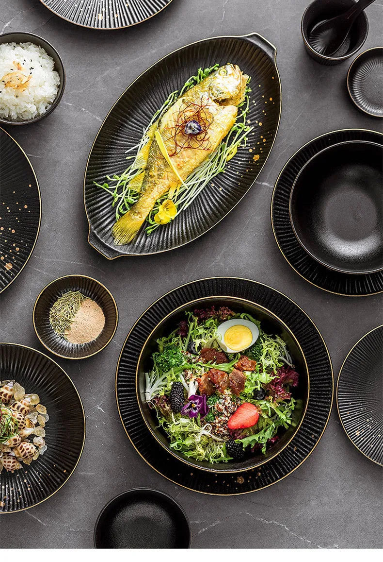 Set of ceramic dinnerware bowls and cutlery from MC THE BLACK DIAMOND kitchen dishes tableware collection.