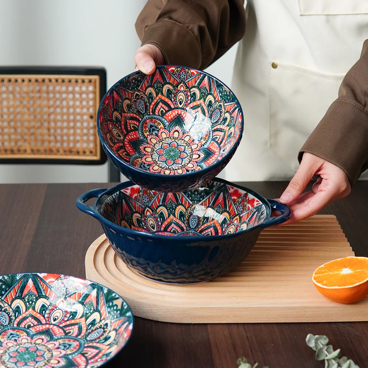 Bohemian ceramic dinnerware set with unique floral pattern, featuring plates and bowls from MC THE BLACK DIAMOND.