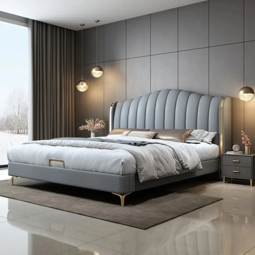 King size upholstered bed from MC The Black Diamond, featuring a stylish home bedroom furniture design with a padded headboard.